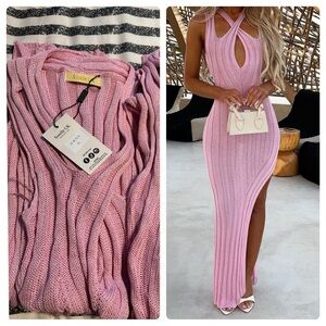 Sorelle Luxe Pink Ribbed Knit Midi Dress